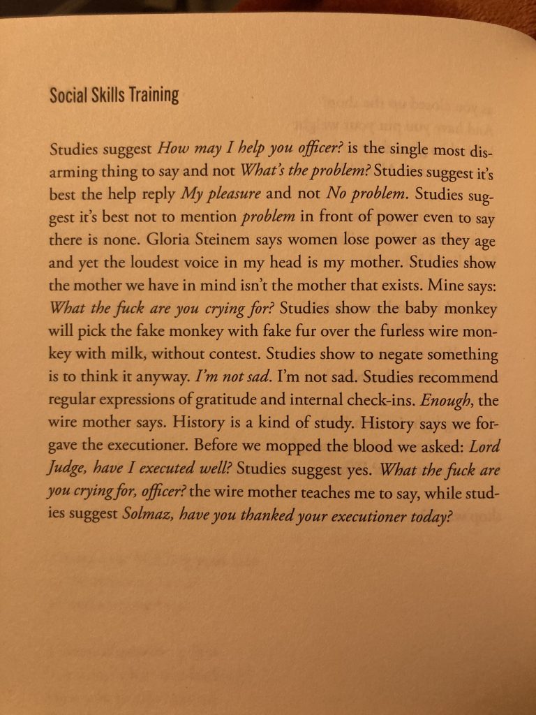 An image of the poem "Social Skills Training" by Solmaz Sharif, published in her book Customs, from Graywolf Press, 2022. 